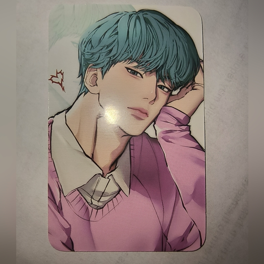 Anime Boy Art Card - Teal Hair, Lavender Sweater Kpop Demon Hunters